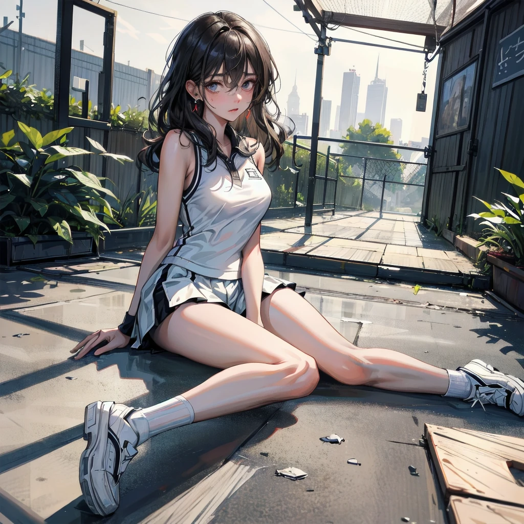 ((((absurdres, RAW photo, extremely delicate and beautiful, masterpiece, Best Quality, ultra high resolution, 32k, hyperrealistic, ultra-detailed)))), in her 20s, very Slim body, narrow waist, very small head, very small face, delicate facial features, beautiful face, beautiful eyes, very huge round tits, medium hair, black hair, wavy hair, tearful mole, earring, full body shot, ((Tennis uniform)), bare shoulders, shorts,