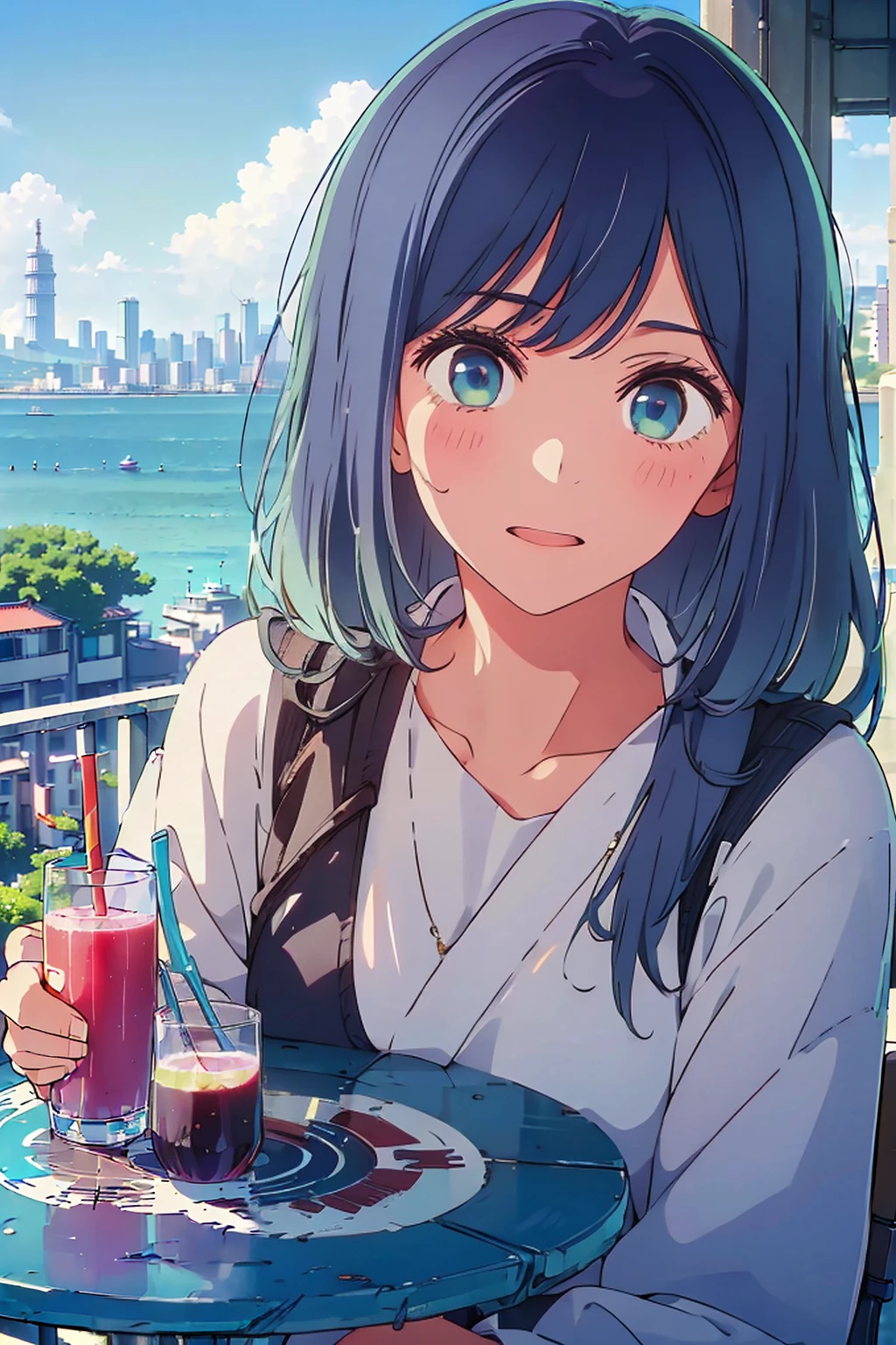 (Highest quality:1.4、masterpiece:1.4、超detailed:1.4、Ultra-high resolution:1.4、Absurd:1.4、Absolute Resolution:1.4、8K:1.4、detailed:1.4)、F cup bust、Big Breasts、Slim body、((((1 person、Surprised expression、sit、Chair、In the background are the urban buildings of Tokyo、coastal、looking at the camera、Outdoor café terrace、Navy hair color、juice、Shooting up close、table、Very cute face))))、(bikini)、Cheek resting on hand、Very blue sky、A completely cloudless sky
