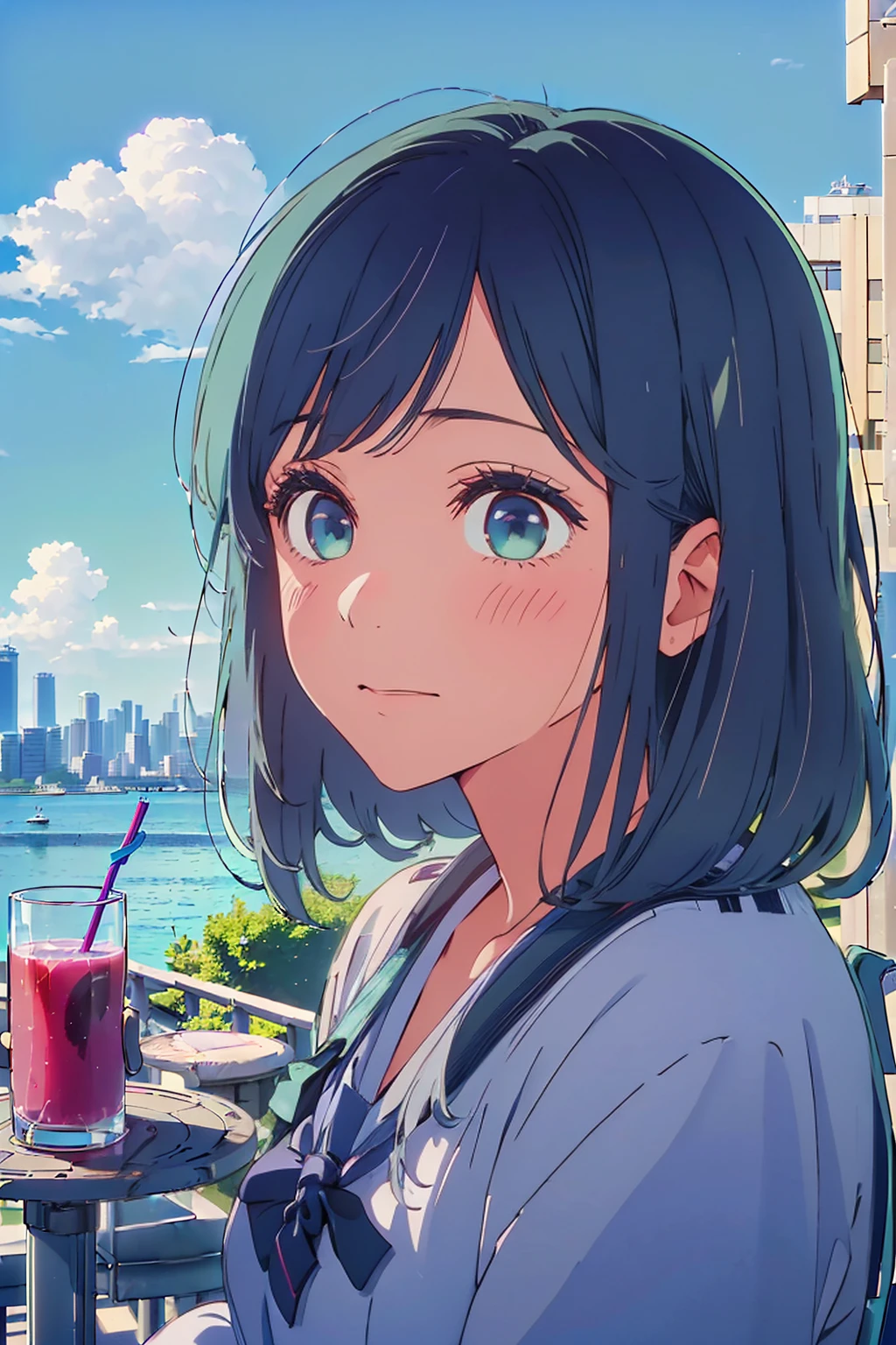 (Highest quality:1.4、masterpiece:1.4、超detailed:1.4、Ultra-high resolution:1.4、Absurd:1.4、Absolute Resolution:1.4、8K:1.4、detailed:1.4)、F cup bust、Big Breasts、Slim body、((((1 person、Surprised expression、sit、Chair、In the background are the urban buildings of Tokyo、coastal、looking at the camera、Outdoor café terrace、Navy hair color、juice、Shooting up close、table、Very cute face))))、(bikini)、Cheek resting on hand、Very blue sky、A completely cloudless sky