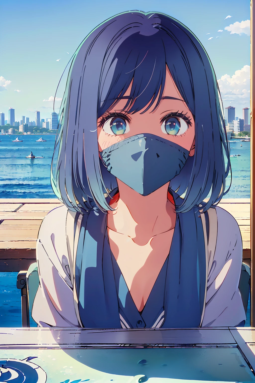 (Highest quality:1.4、masterpiece:1.4、超detailed:1.4、Ultra-high resolution:1.4、Absurd:1.4、Absolute Resolution:1.4、8K:1.4、detailed:1.4)、F cup bust、Big Breasts、Slim body、((((1 person、Surprised expression、sit、Chair、In the background are the urban buildings of Tokyo、coastal、looking at the camera、Outdoor café terrace、Navy hair color、juice、Shooting up close、table、Very cute face))))、(bikini)、Cheek resting on hand、Very blue sky、A completely cloudless sky