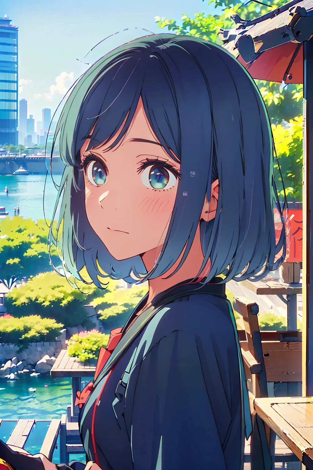 (Highest quality:1.4、masterpiece:1.4、超detailed:1.4、Ultra-high resolution:1.4、Absurd:1.4、Absolute Resolution:1.4、8K:1.4、detailed:1.4)、F cup bust、Big Breasts、Slim body、((((1 person、Surprised expression、sit、Chair、In the background are the urban buildings of Tokyo、coastal、looking at the camera、Outdoor café terrace、Navy hair color、juice、Shooting up close、table、Very cute face))))、(bikini)、Cheek resting on hand、Very blue sky、A completely cloudless sky
