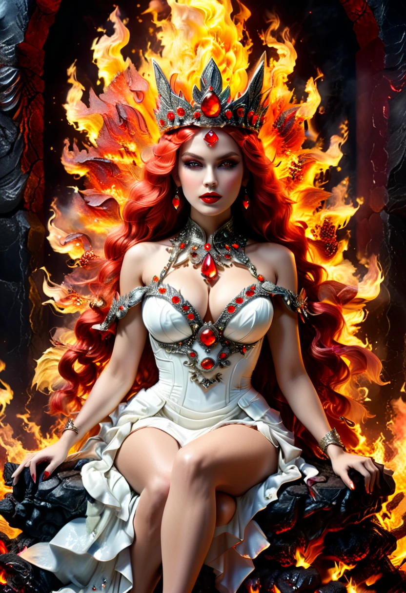 icture of a fire queen sitting on her fiery throne, a (fire queen: 1.2) wearing white dress, royal dress, glamorous dress, dynamic hair, she wear a crown, bold intense eyes, extremely exquisite beautiful queen, perfect body, (anatomically correct: 1.3), ultra feminine, ultra detailed face, red lips, fiery glowing eyes, she sits on a (fiery throne: 1.3) of magic, and might, throne carved from basalt, legendary symmetric design, with (many carvings in the marble: 1.3), (lava veins in the basalt and on the handles, decorated with rubies, and opal gems, goddess of fire fantasy hall room background, (masterpiece: 1.4) intense details, highly detailed, photorealistic, best quality, highres,16k, [ultra detailed], masterpiece, best quality, (extremely detailed), close up, ultra wide shot, photorealistic, RAW, fantasy art, dnd art, fantasy art, realistic art,((best quality)), ((masterpiece)), (detailed: 1.5), ral-ntrgmstn, faize