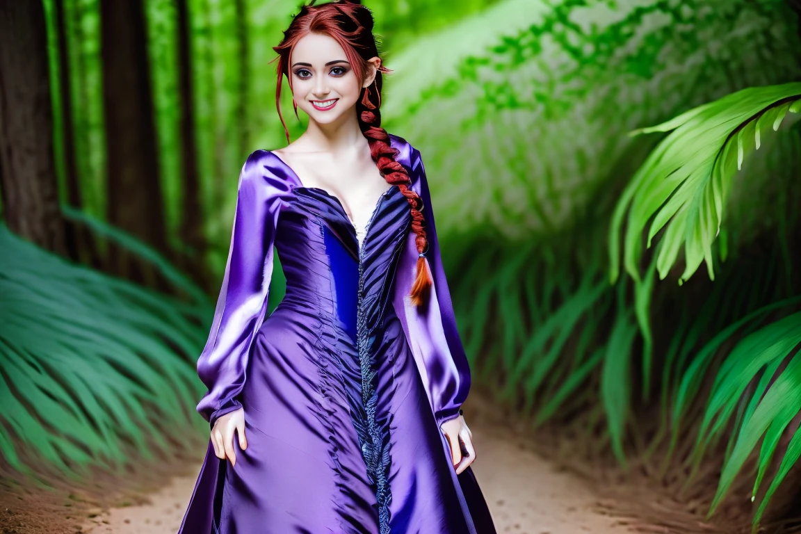 Fairytale Kingdom of Fantasia. In a magical forest, ((((15-year-old)) Xayide)), witch, tall, pale skin, very beautiful, ((evil subtle smirk expression)). ((((violet silk gown)))), ((red hair, in braids and buns)).