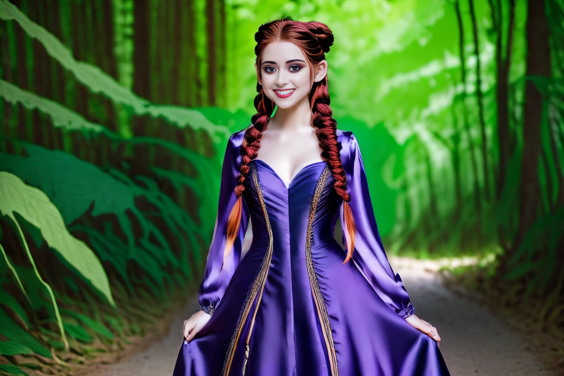 Fairytale Kingdom of Fantasia. In a magical forest, ((((15-year-old)) Xayide)), witch, tall, pale skin, very beautiful, ((evil subtle smirk expression)). ((((violet silk gown)))), ((red hair, in braids and buns)).