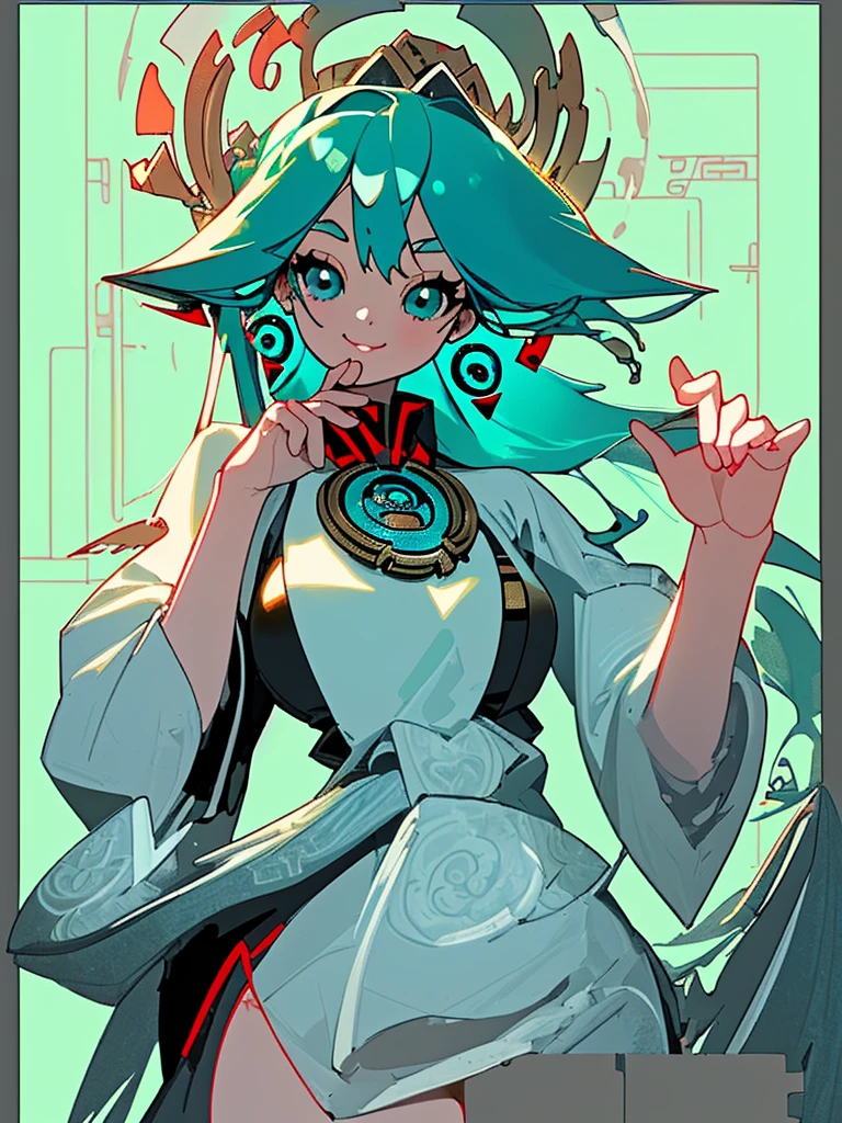 Masterpiece, best quality, very detailed, illustration,(1 girl),Beautifully detailed eyes, look at viewer, (holding a computer keyboard), be happy, (turquoise hair:1), (round blue eyes:1), (round earrings), (Large Turquoise Gem Necklace), cute round face, long hair, smile, fantasy chinese clothes