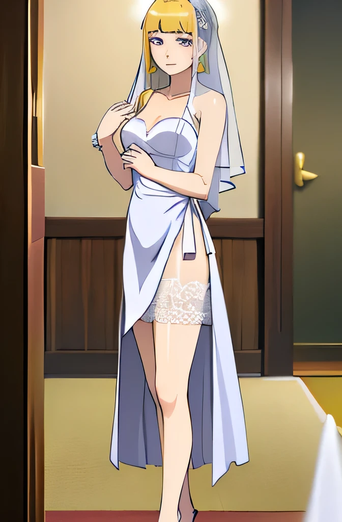 Inata hiuga medium breasts, thin legs, perfect body, Yellow hair, wearing a wedding dress, white veil hotel room ((by the hand of a child))