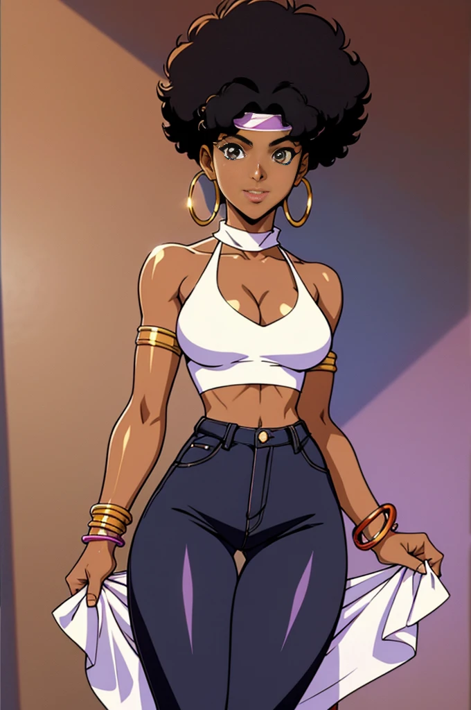 one woman, full body, black woman from an 90s anime, 90s anime fog, static like from an 90s anime, 1990s \(style\), short afro hair, black afro, curly black hair, serious smile, mouth closed, mysterious, brown skin, action anime, bandana headband, disco outfit, white loose flare pants, white pants, white halter top, cleavage, disco girl outfit, african woman, dark skin, gold bracelets, hoop earrings, bottomless, no panties, no pants, pubic hair