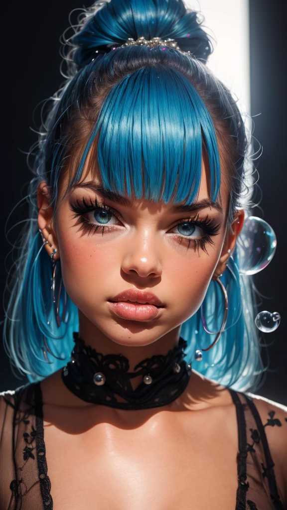 a girl standing, looking at the viewer, with messy hair, wearing fashionable clothes, (best quality,4k,8k,highres,masterpiece:1.2),ultra-detailed,(realistic,photorealistic,photo-realistic:1.37),floating,beautiful detailed eyes,beautiful detailed lips,extremely detailed eyes and face,longeyelashes,delicate beauty,high saturation,colorful splashes,colored bubbles,shining,focused on the face,ponytail,Ayaka Kamisato,light blue hair,bangs,hair halo,flowing hair,brilliant,best lighting,best shadow,full body,portrait