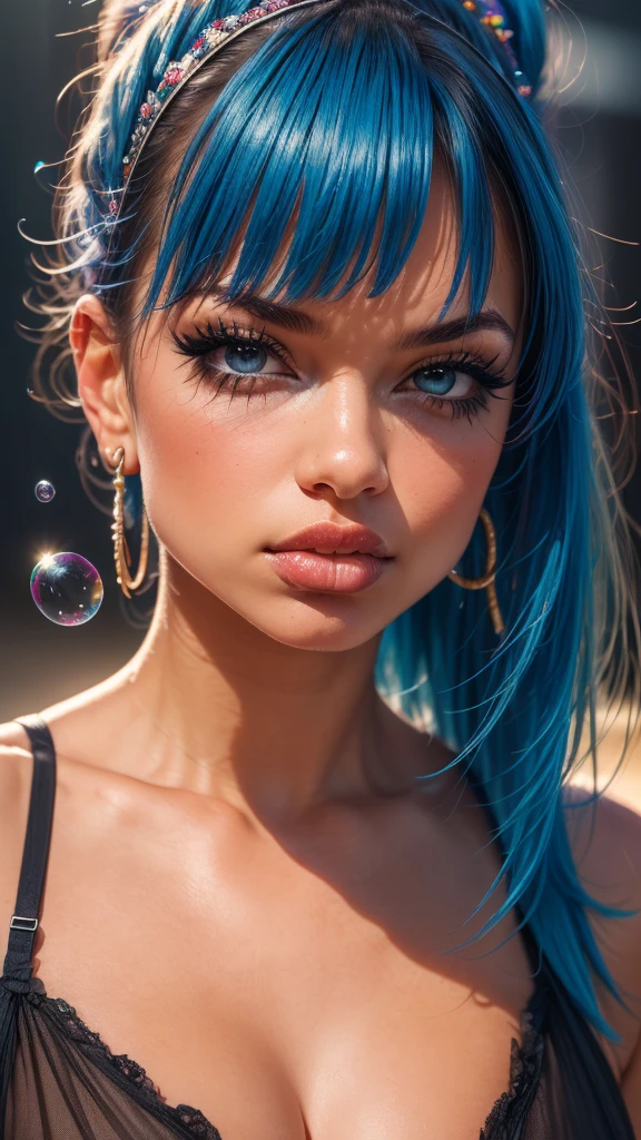 a girl standing, looking at the viewer, with messy hair, wearing fashionable clothes, (best quality,4k,8k,highres,masterpiece:1.2),ultra-detailed,(realistic,photorealistic,photo-realistic:1.37),floating,beautiful detailed eyes,beautiful detailed lips,extremely detailed eyes and face,longeyelashes,delicate beauty,high saturation,colorful splashes,colored bubbles,shining,focused on the face,ponytail,Ayaka Kamisato,light blue hair,bangs,hair halo,flowing hair,brilliant,best lighting,best shadow,full body,portrait