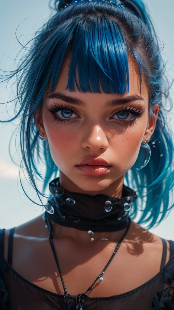 a girl standing, looking at the viewer, with messy hair, wearing fashionable clothes, (best quality,4k,8k,highres,masterpiece:1.2),ultra-detailed,(realistic,photorealistic,photo-realistic:1.37),floating,beautiful detailed eyes,beautiful detailed lips,extremely detailed eyes and face,longeyelashes,delicate beauty,high saturation,colorful splashes,colored bubbles,shining,focused on the face,ponytail,Ayaka Kamisato,light blue hair,bangs,hair halo,flowing hair,brilliant,best lighting,best shadow,full body,portrait