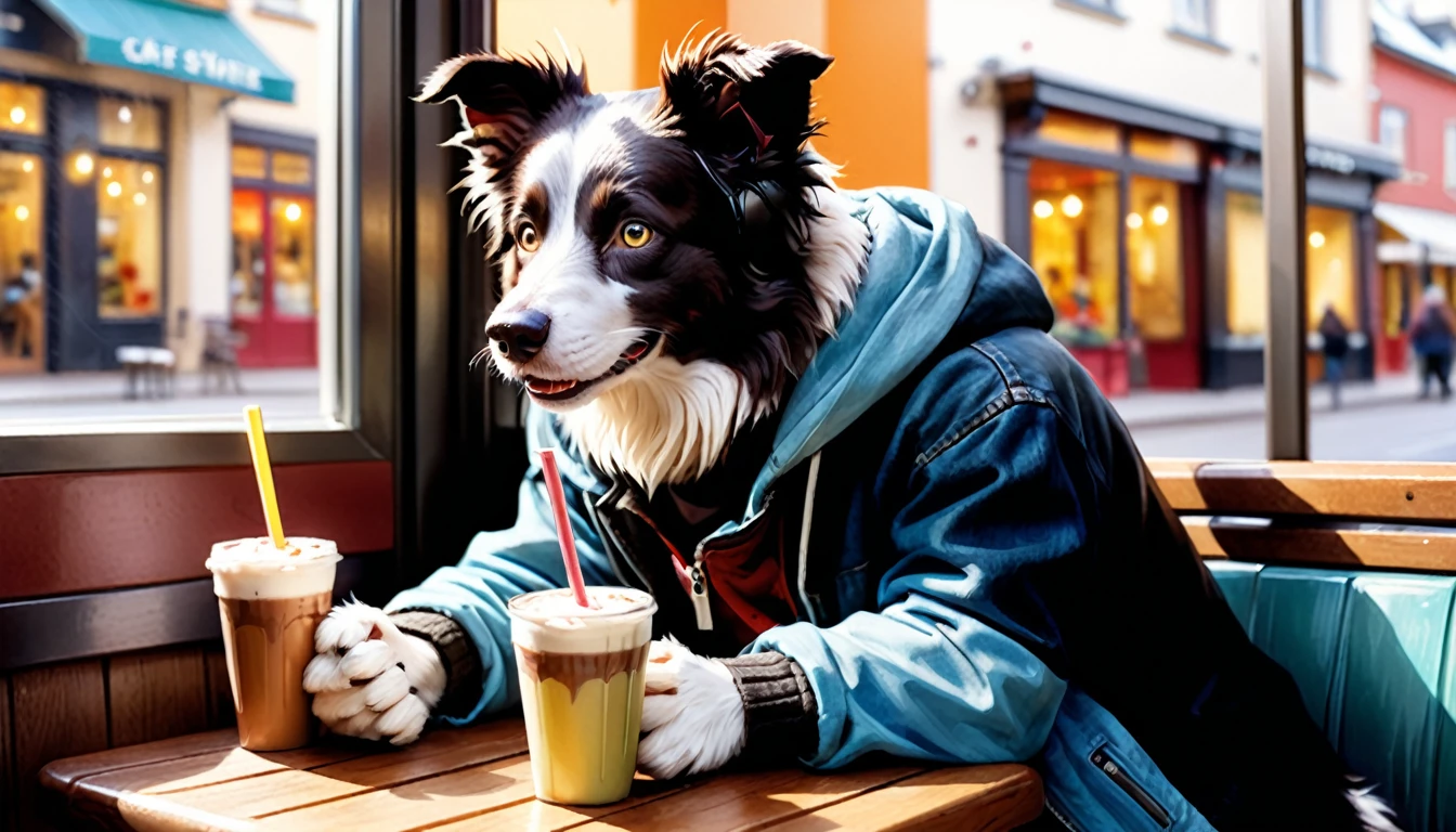 (photography film style), (((raining))), anthropomorphic, cute young border collie, casually dressed, sitting by a window in a cafe, drinking hot chocolate, listening to music on headphones, (reading a book), 2D, colorful, warm atmosphere, shiny, Jean-Baptiste Monge style, Alan Lee style