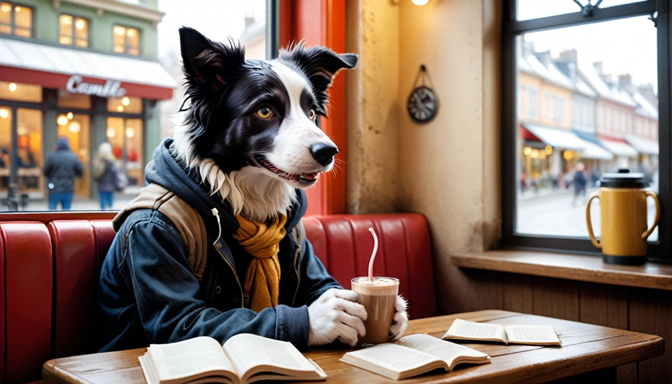 (photography film style), (((raining))), anthropomorphic, cute young border collie, casually dressed, sitting by a window in a cafe, drinking hot chocolate, listening to music on headphones, (reading a book), 2D, colorful, warm atmosphere, shiny, Jean-Baptiste Monge style, Alan Lee style