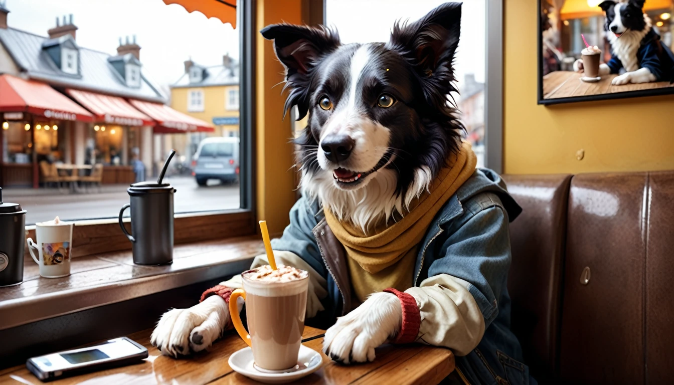 (photography film style), (((raining))), anthropomorphic, cute young border collie, casually dressed, sitting by a window in a cafe, drinking hot chocolate, listening to music on headphones, (reading a book), 2D, colorful, warm atmosphere, shiny, Jean-Baptiste Monge style, Alan Lee style