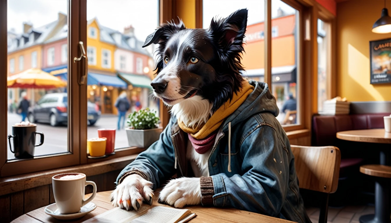 (photography film style), (((raining))), anthropomorphic, cute young border collie, casually dressed, sitting by a window in a cafe, drinking hot chocolate, listening to music on headphones, (reading a book), 2D, colorful, warm atmosphere, shiny, Jean-Baptiste Monge style, Alan Lee style