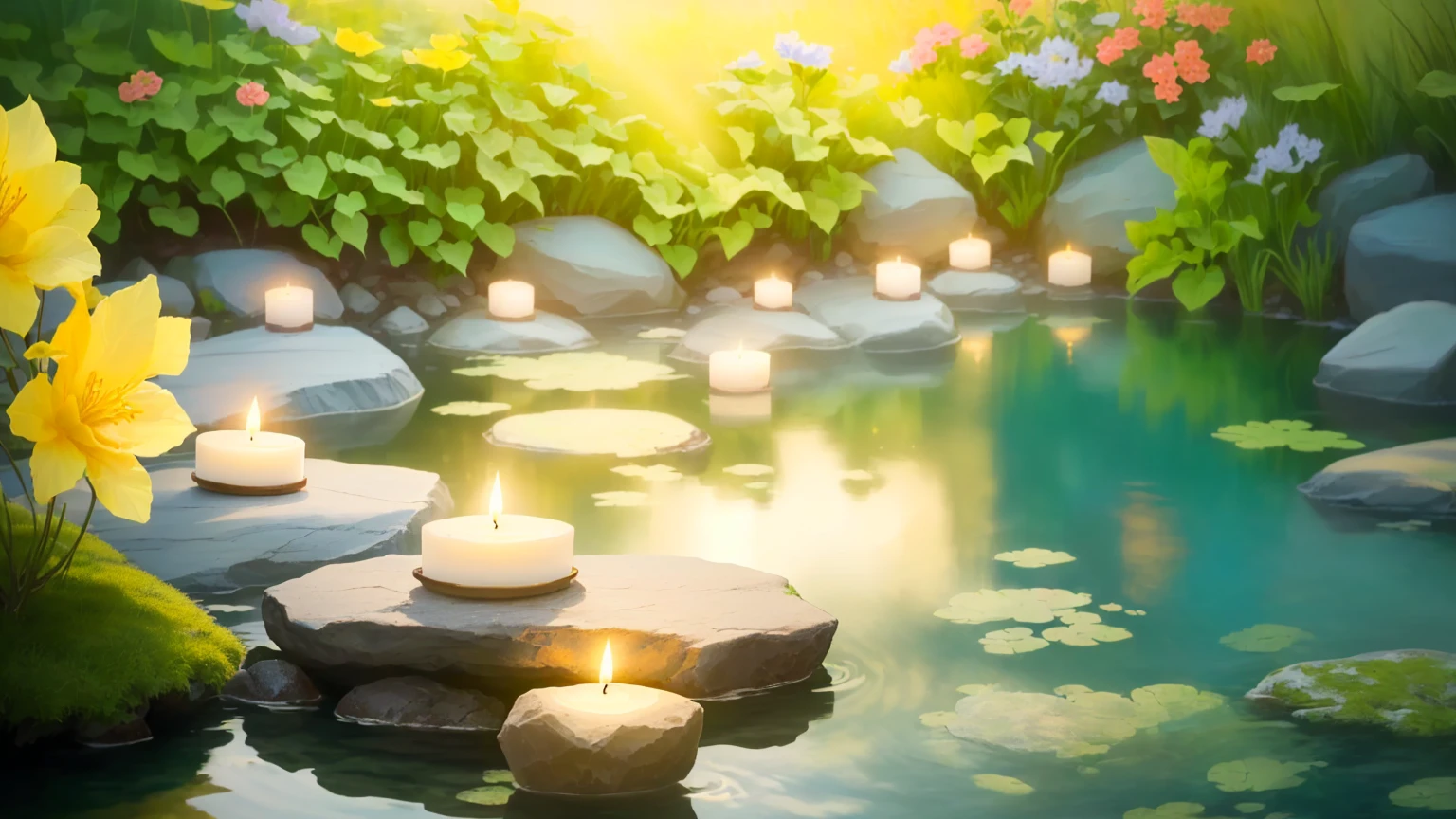 Many candles are lit on the underwater rocks, Floating Candles, Peaceful atmosphere, Zen Nature Background, Gentle lighting, Calm evening atmosphere, Peaceful atmosphere, Relaxed atmosphere, Serene landscape, Water reflecting the sunlight, Beautifully illuminated, Peaceful and serene, Peaceful environment, Quiet environment, Warm and fun atmosphere, Natural candle lighting, Peaceful landscape, Quiet landscape