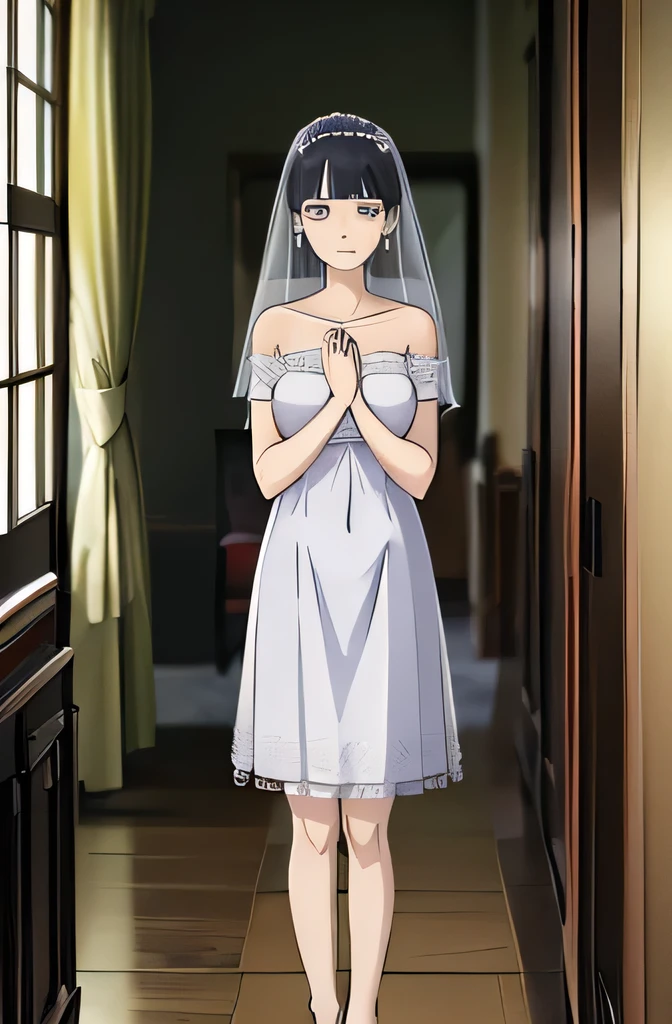 Inata hiuga medium breasts, thin legs, perfect body, Yellow hair, wearing a wedding dress, white veil hotel room ((by the hand of a ))