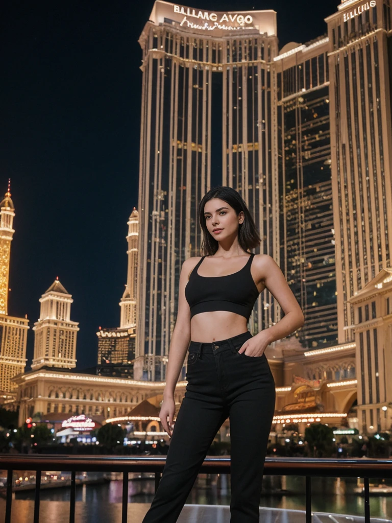 her name is Elle, high quality, 1girl, ((20-year-old fit Caucasian woman)), ((20 years old)), ((fit)), ((pale skin)), short length straight dark hair , wearing Black Mesh Crop Top + High-Waisted Wide-Leg Jeans, pose: standing, background: Capture the bustling ambiance of the Las Vegas Strip, with its glittering casinos, iconic landmarks like the Bellagio fountains, and crowds of tourists enjoying the vibrant nightlife.