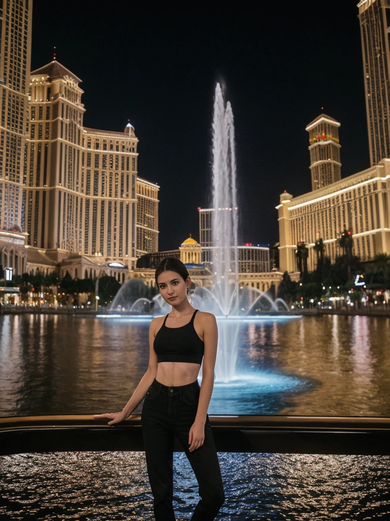 her name is Elle, high quality, 1girl, ((20-year-old fit Caucasian woman)), ((20 years old)), ((fit)), ((pale skin)), short length straight dark hair , wearing Black Mesh Crop Top + High-Waisted Wide-Leg Jeans, pose: standing, background: Capture the bustling ambiance of the Las Vegas Strip, with its glittering casinos, iconic landmarks like the Bellagio fountains, and crowds of tourists enjoying the vibrant nightlife.