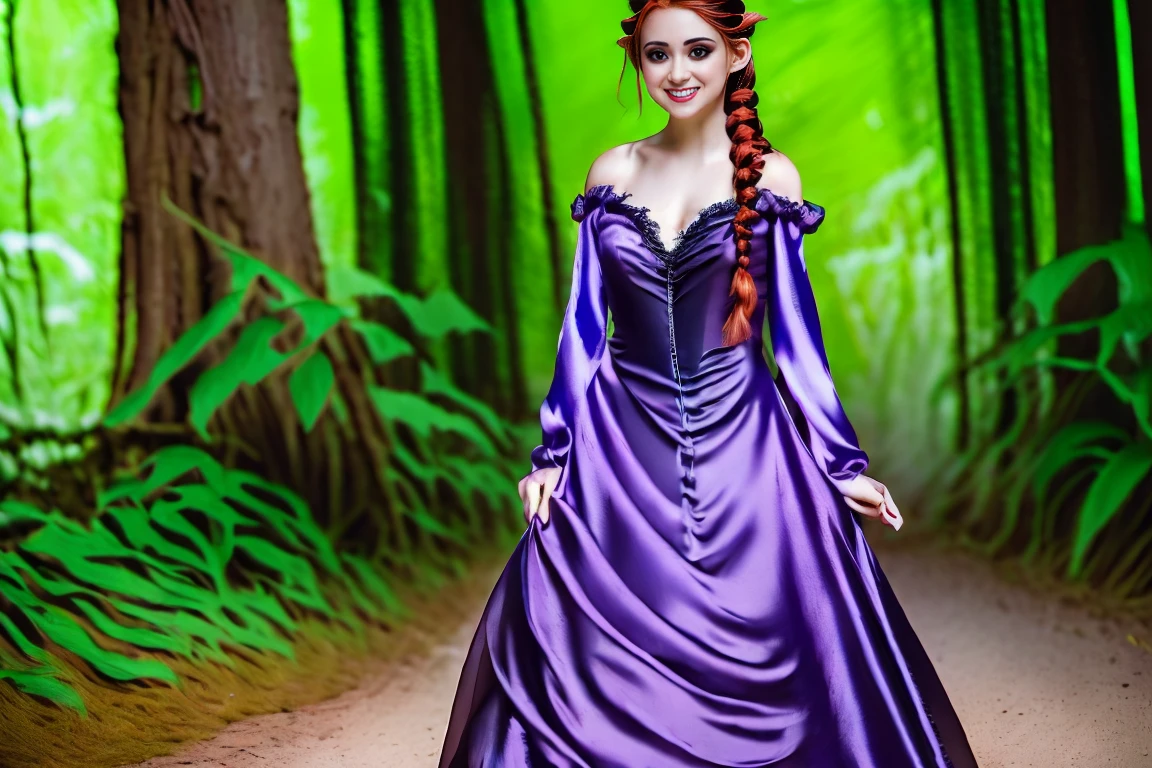 Fairytale Kingdom of Fantasia. In a magical forest, ((((15-year-old)) Xayide)), witch, tall, pale skin, very beautiful, ((evil subtle smirk expression)). ((((violet silk gown)))), ((red hair, in braids and buns)).