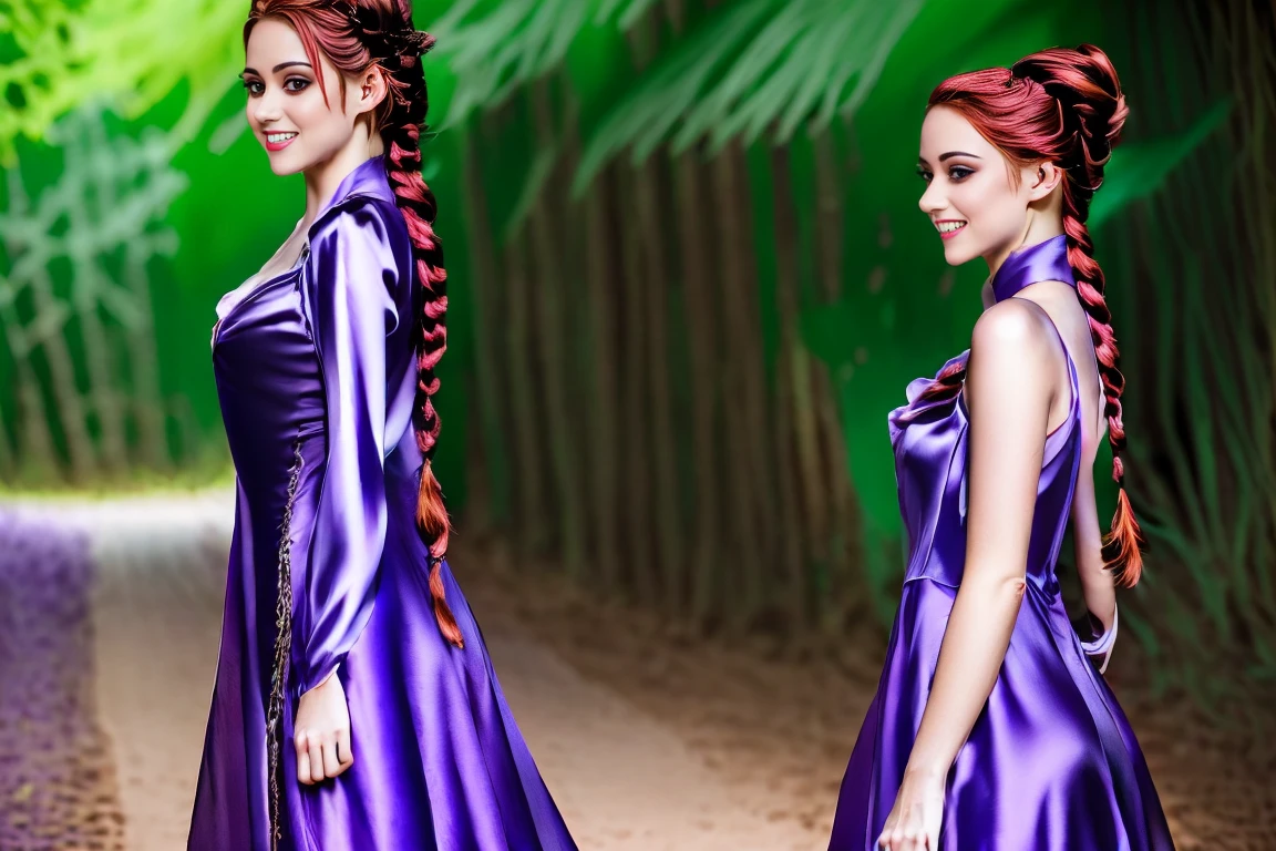 Fairytale Kingdom of Fantasia. In a magical forest, ((((15-year-old)) Xayide)), witch, tall, pale skin, very beautiful, ((evil subtle smirk expression)). ((((violet silk gown)))), ((red hair, in braids and buns)).