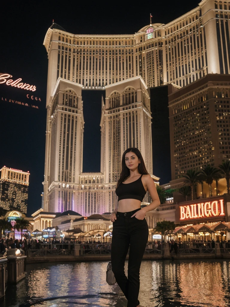 her name is Elle, high quality, 1girl, ((20-year-old fit Caucasian woman)), ((20 years old)), ((fit)), ((pale skin)), short length straight dark hair , wearing Black Mesh Crop Top + High-Waisted Wide-Leg Jeans, pose: standing, background: Capture the bustling ambiance of the Las Vegas Strip, with its glittering casinos, iconic landmarks like the Bellagio fountains, and crowds of tourists enjoying the vibrant nightlife.