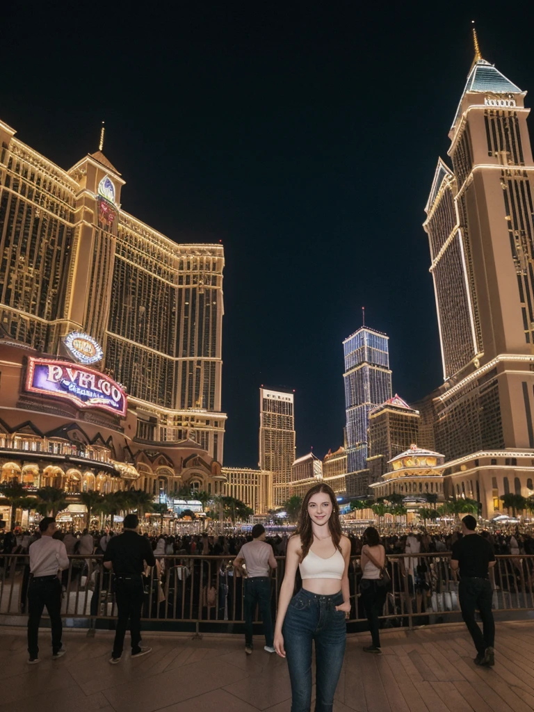 her name is Elle, high quality, 1girl, ((20-year-old fit Caucasian woman)), ((20 years old)), ((fit)), ((pale skin)), short length straight dark hair , wearing Black Mesh Crop Top + High-Waisted Wide-Leg Jeans, pose: standing, background: Capture the bustling ambiance of the Las Vegas Strip, with its glittering casinos, iconic landmarks like the Bellagio fountains, and crowds of tourists enjoying the vibrant nightlife.