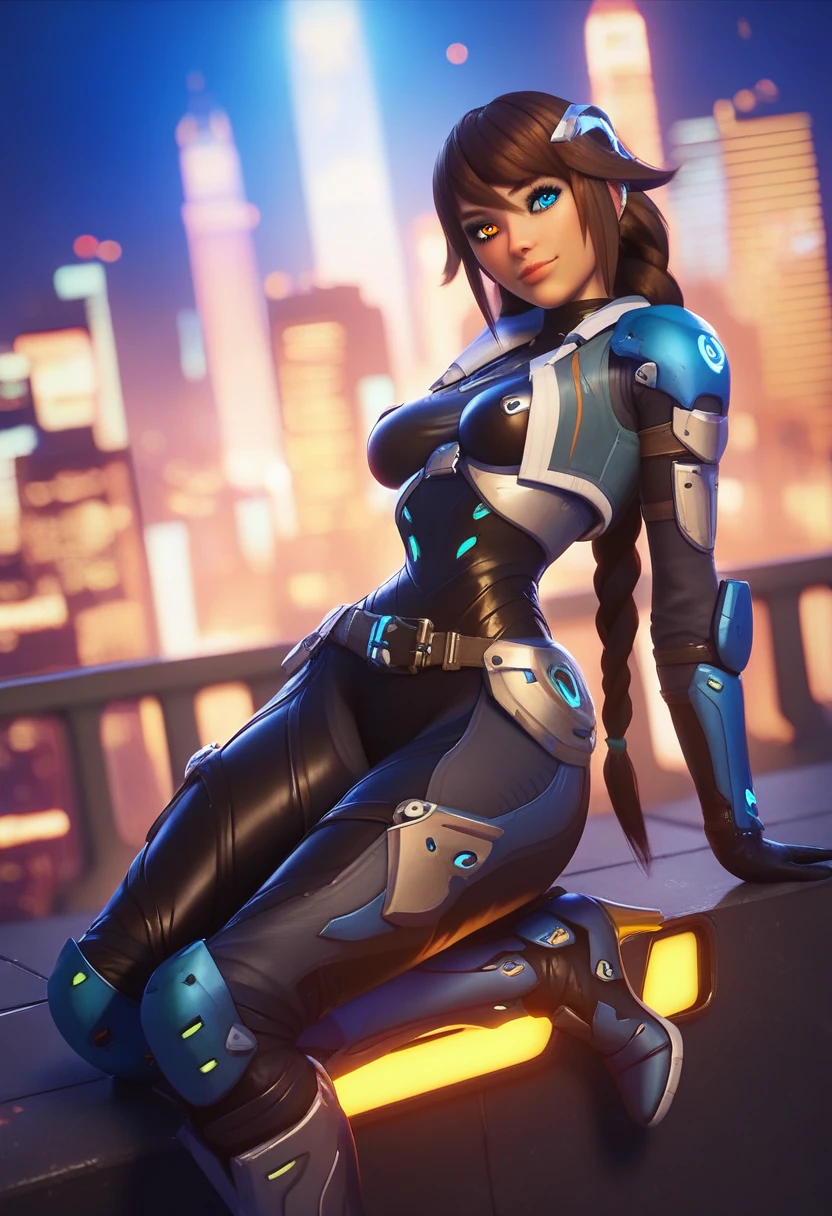 score_9, score_8_up, score_7_up, score_6_up, score_5_up, score_4_up, 1girl, medium breasts, tiny waist, narrow hips, innocent, facing viewer ((heterochromia)), braided long brown hair, detailed eyes , glowing left blue eye, full body, bodysuit, armor, SFW, night, rooftop, posing, city lights,