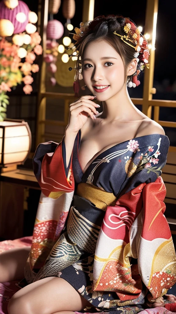 (8K、RAW Photosgraphy、Highest quality、masterpiece:1.2)、(Realistic、Realistic:1.37)、Ultra-high resolution、One Girl、cute、alone、night、Sitting、date、(Nose redness)、(Laughter:1.1)、(Closed)、Huge 、Beautiful Eyes、(short hair:1.2)、(((Fireworks bursting into the sky、night)))、(((kimono、yukata)))、Cleavage、Perfect body、Perfect Fingers、Professional Lighting、Japanese Goddess、gravure、Detailed face and skin texture、fine grain、RAW Photos