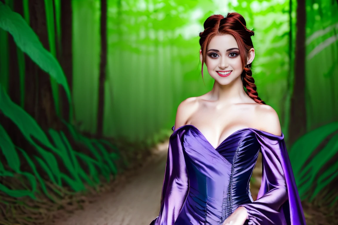 Fairytale Kingdom of Fantasia. In a magical forest, ((((15-year-old)) Xayide)), witch, tall, pale skin, very beautiful, ((evil subtle smirk expression)). ((((violet silk gown)))), ((red hair, in braids and buns)).