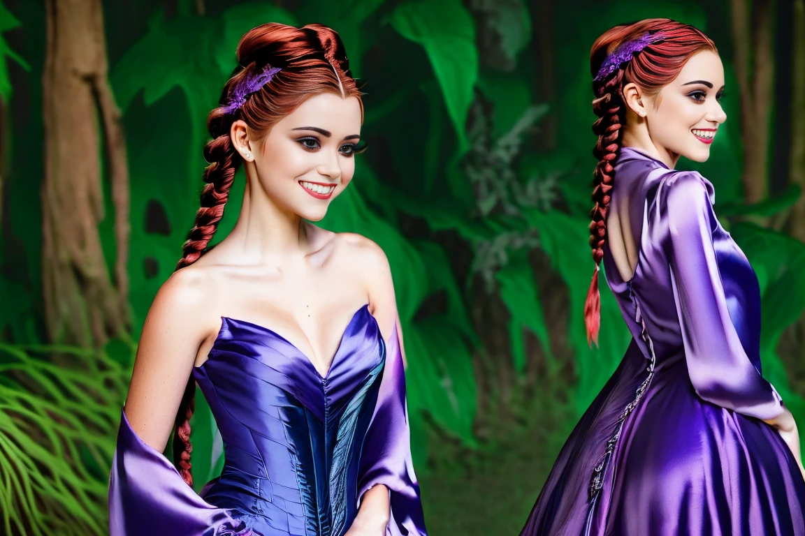 Fairytale Kingdom of Fantasia. In a magical forest, ((((-yeld)) ide)), witch, tall, pale skin, very beautiful, ((evil subtle smirk expression)). ((((violet silk gown)))), ((red hair, in braids and buns)).