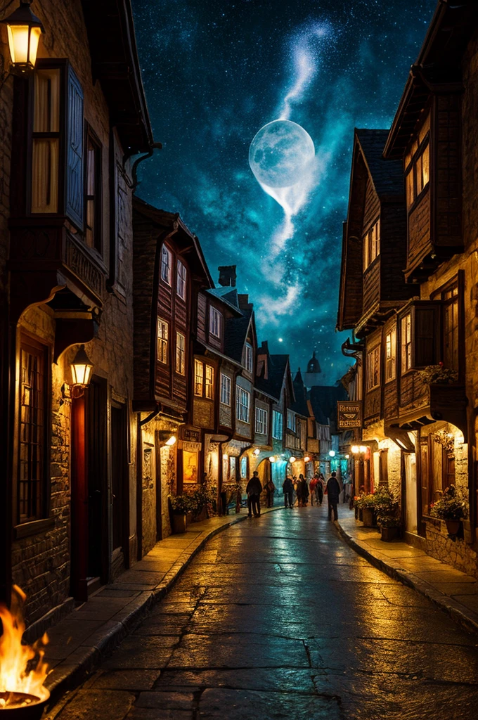 Town street scene , ultra detailed fantasy, magical world,galaxy design sky, old medival style  houses in the street,wizards roaming on the street, wizards using magics like controling fire in their hands and warter  ,  realistic, behance hd, light spread from the house, night time , master piece 