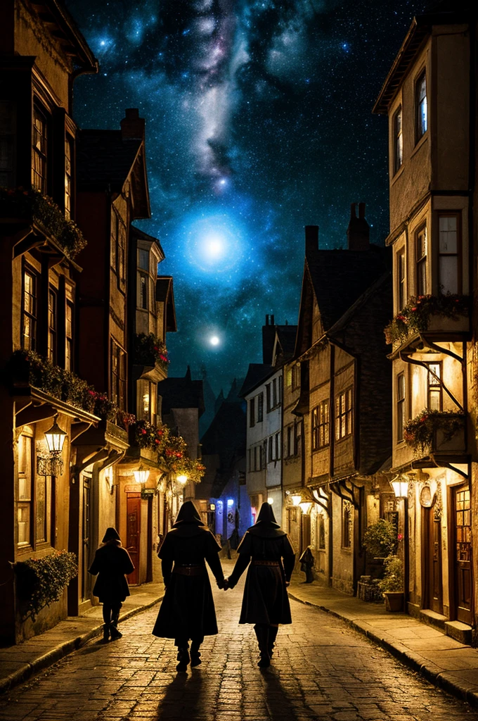 Town street scene , ultra detailed fantasy, magical world,galaxy design sky, old medival style houses in the street,wizards roaming on the street, wizards using magics like controling fire in their hands and warter , realistic, behance hd, light spread from the house, night time , master piece
