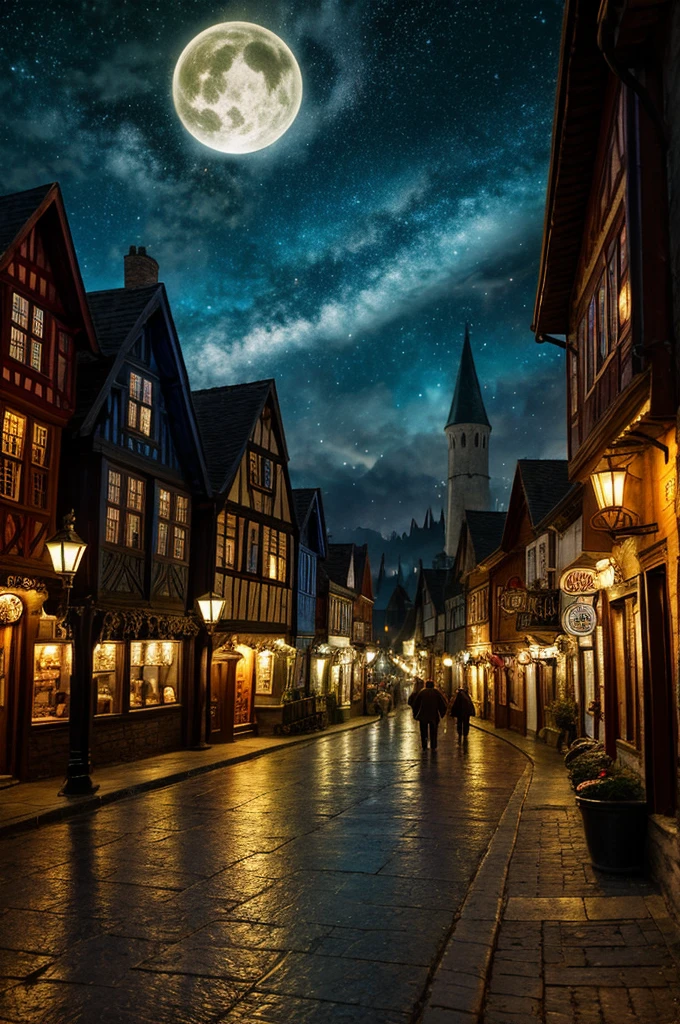 Town street scene , ultra detailed fantasy, magical world,galaxy design sky, old medival style  houses in the street,wizards roaming on the street, wizards using magics like controling fire in their hands and warter  ,  realistic, behance hd, light spread from the house, night time , master piece 