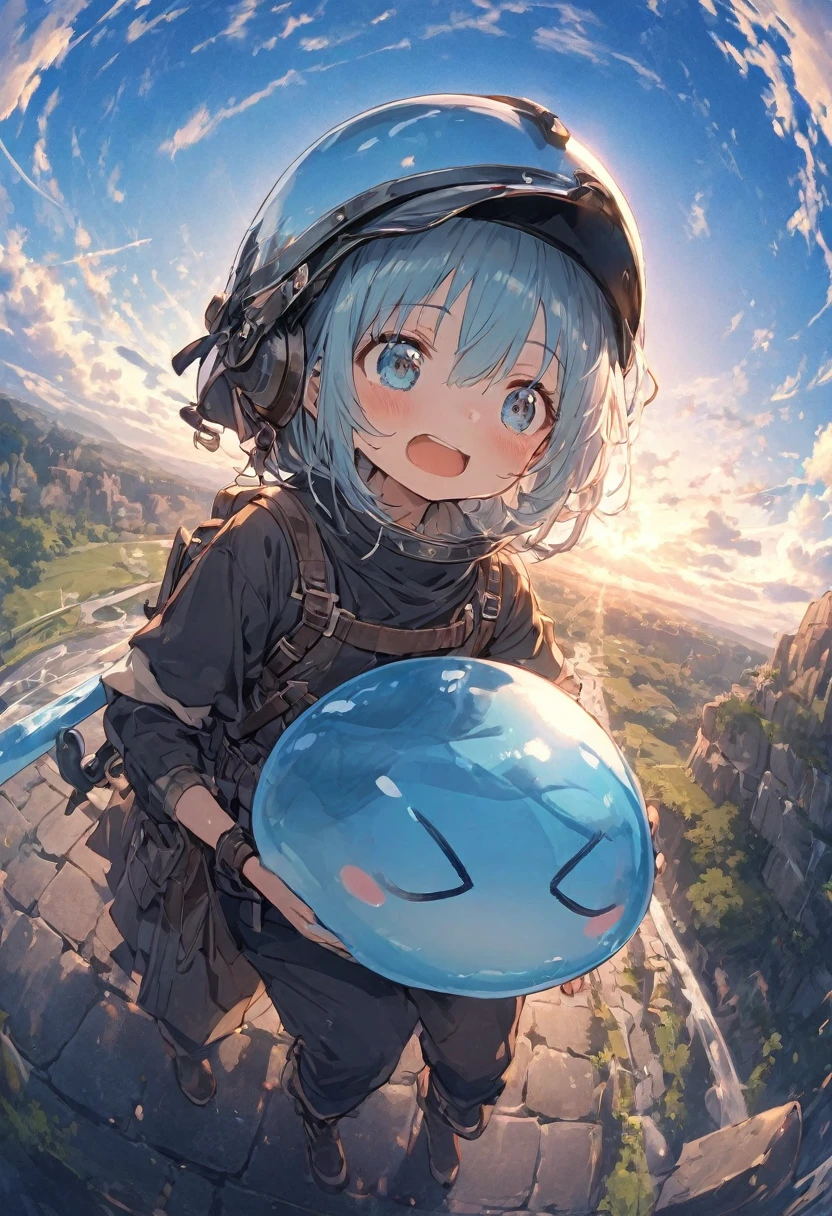 A little swordsman riding on a blue slime, Dungeons、Clear blue sky、adventure、Fisheye Lens、SLR、I feel the depth、Fun expression、Gazing into the distance