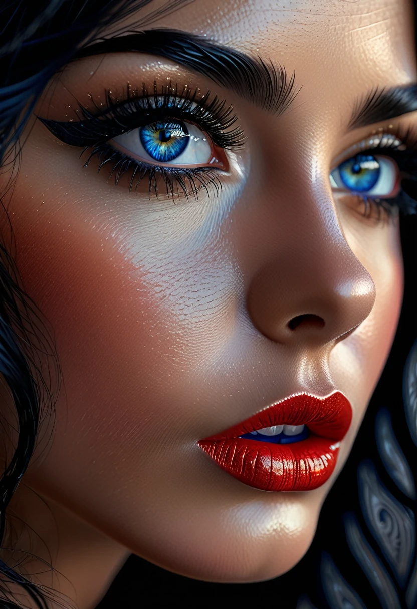 a woman with black hair and blue eyes, beautiful detailed eyes, beautiful detailed lips, extremely detailed eyes and face, long eyelashes, elegant profile, realistic portrait, award-winning digital art, intricate detail, ultra-detailed, 8k, photorealistic, masterpiece, dramatic lighting, vivid colors, cinematic composition, chiaroscuro, oil painting, classical art