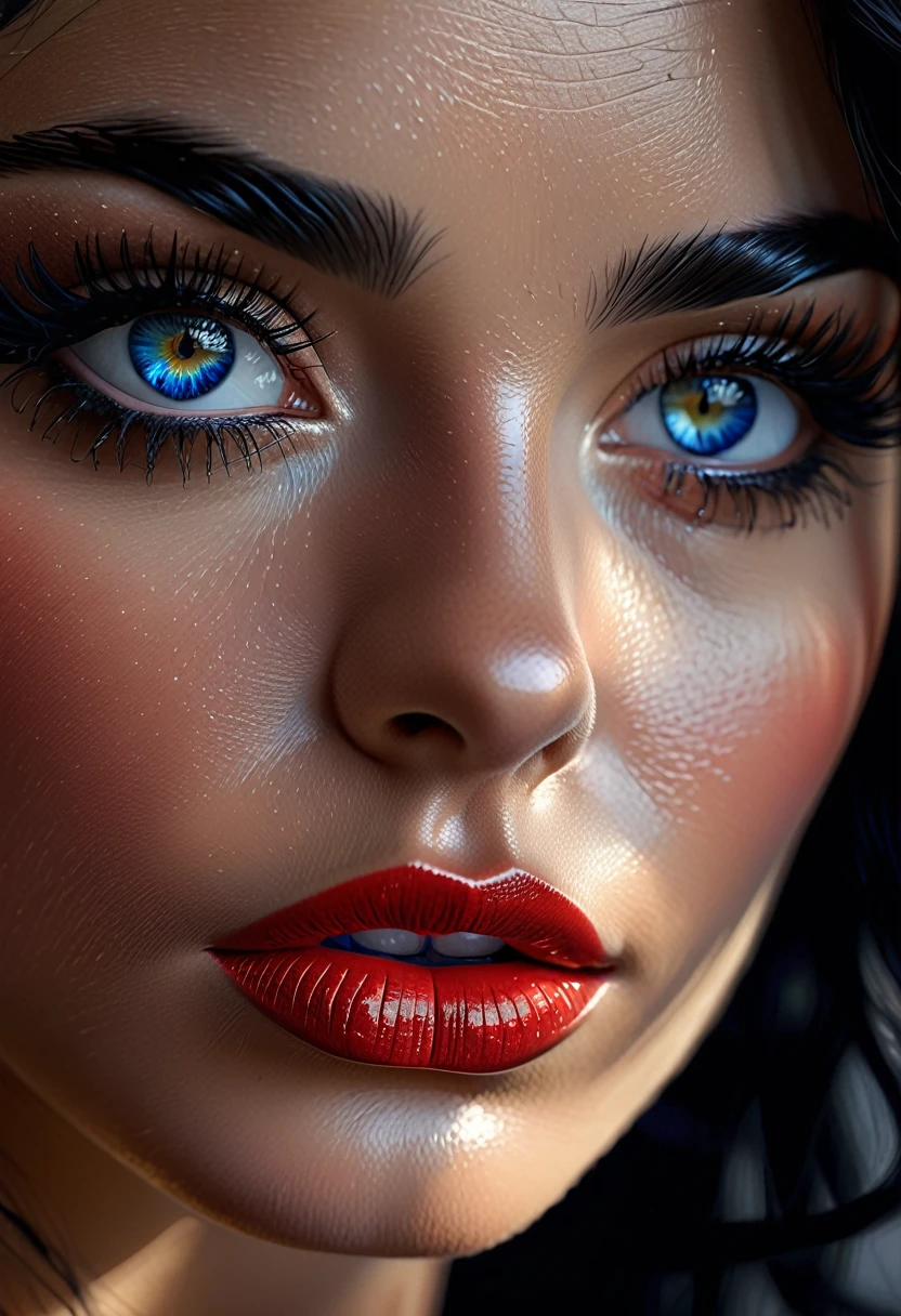 a woman with black hair and blue eyes, beautiful detailed eyes, beautiful detailed lips, extremely detailed eyes and face, long eyelashes, elegant profile, realistic portrait, award-winning digital art, intricate detail, ultra-detailed, 8k, photorealistic, masterpiece, dramatic lighting, vivid colors, cinematic composition, chiaroscuro, oil painting, classical art