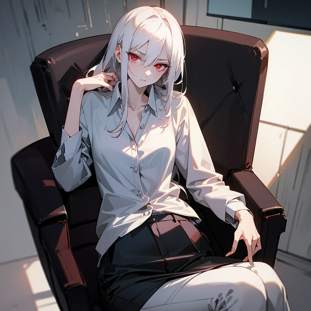 Black blazer, white buttoned blouse, black pants. A dimly lit office. Serious expression sitting in an office chair. White hair, red eyes, slim and pale skin. Red eyes and pale skin. Beautiful illustration, anime style. One character. 