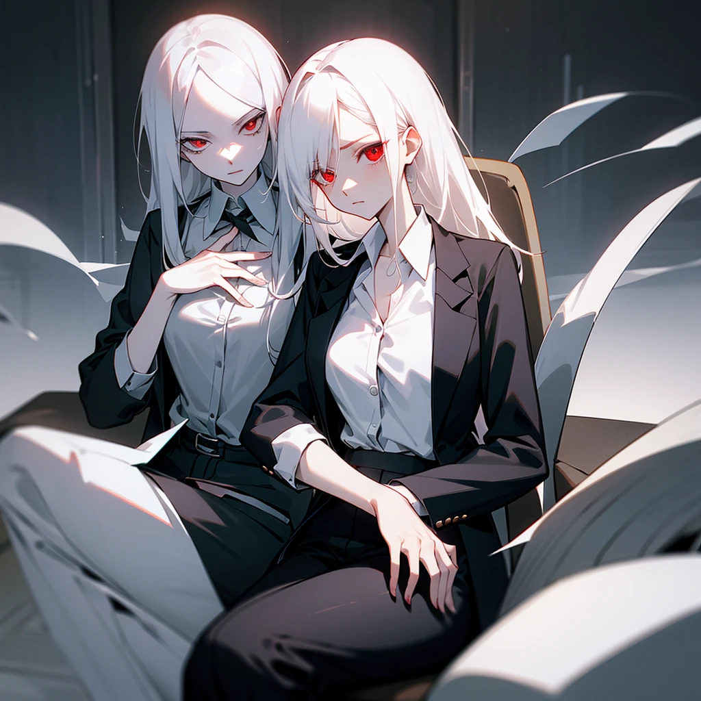 Black blazer, white buttoned blouse, black pants. A dimly lit office. Serious expression sitting in an office chair. White hair, red eyes, slim and pale skin. Red eyes and pale skin. Beautiful illustration, anime style. One character. 