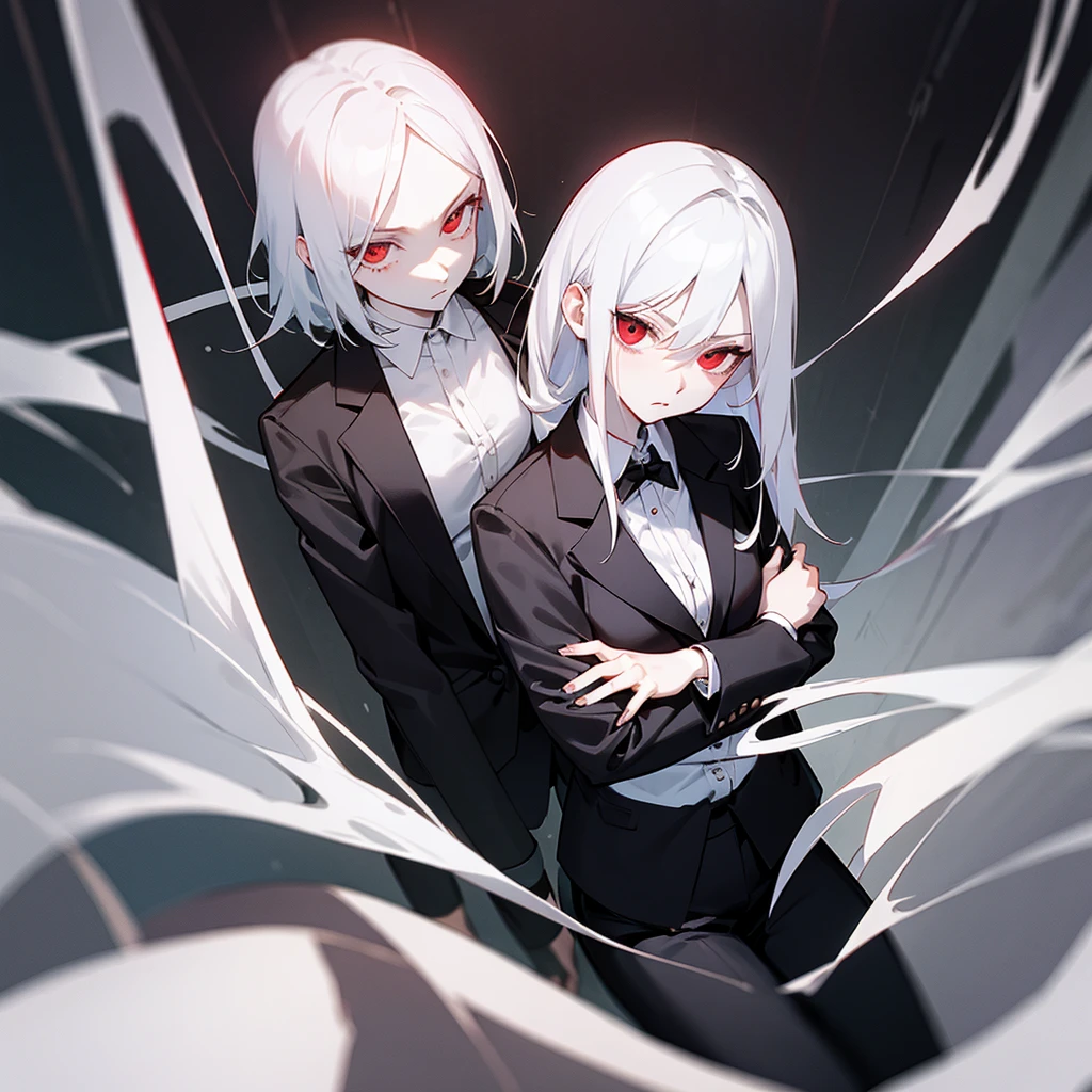 Black blazer, white buttoned blouse, black pants. A dimly lit office. Serious expression sitting in an office chair. White hair, red eyes, slim and pale skin. Red eyes and pale skin. Beautiful illustration, anime style. One character.