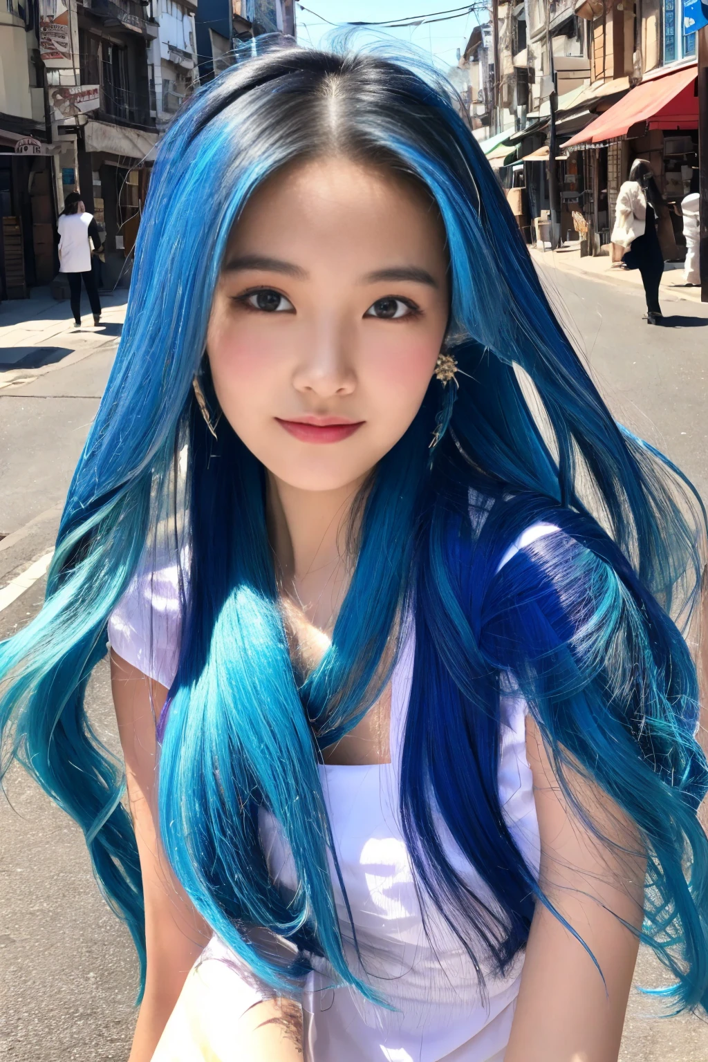 arafed asian woman Long hair and blue hair standing on a street, Ulzan, 飘逸Long hair, Long, shiny, colorful hair, Long hair, 8k selfie photo, ilya kuvshinov Long hair, Korean Girl, 闪亮的Long hair, Shiny and flowing hair, asian girl Long hair, Long hair and piercing eyes