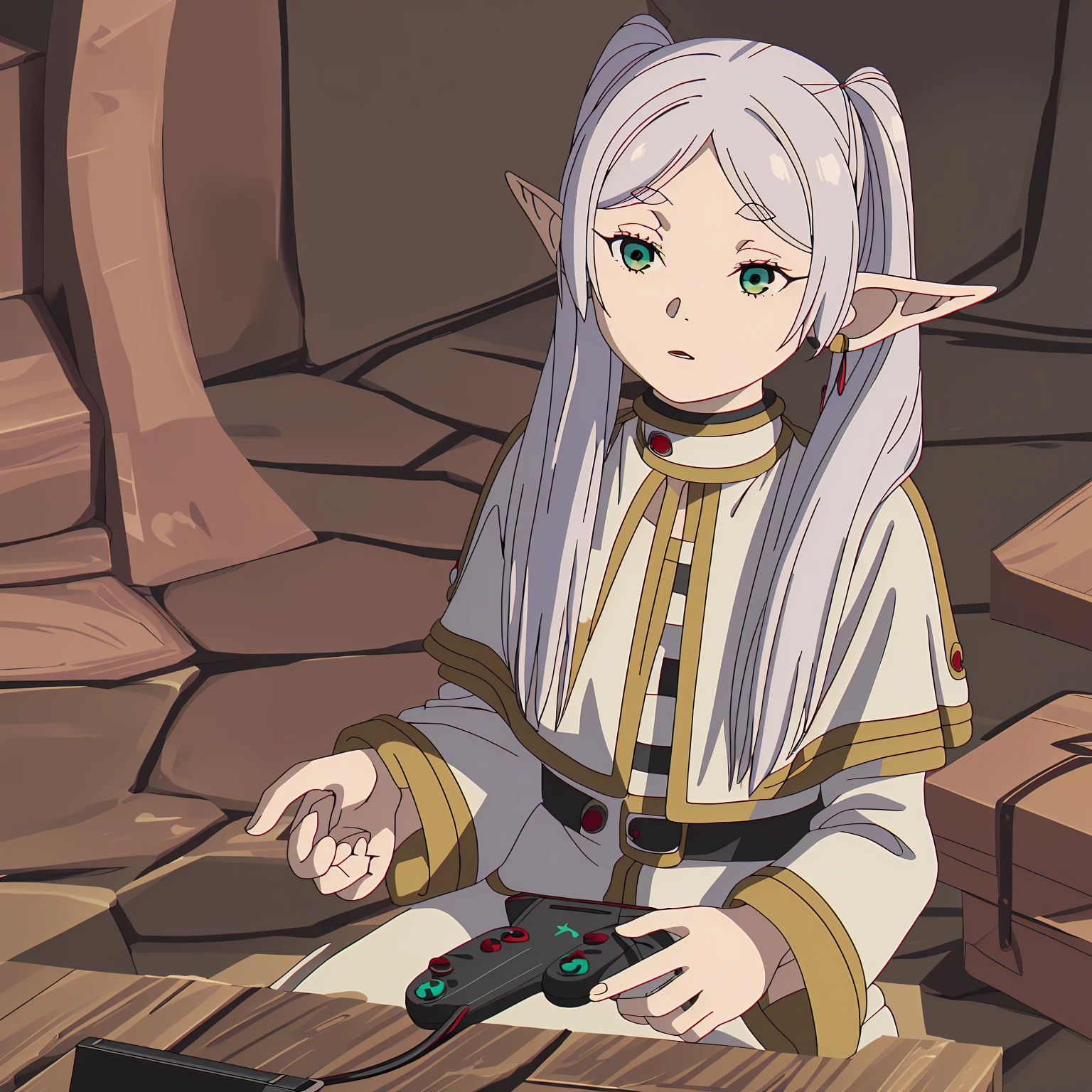 Frieren, pointy ears, twintails, green eyes, elf, long hair, white hair, thick eyebrows, parted bangs, (playing videogame:1.2)