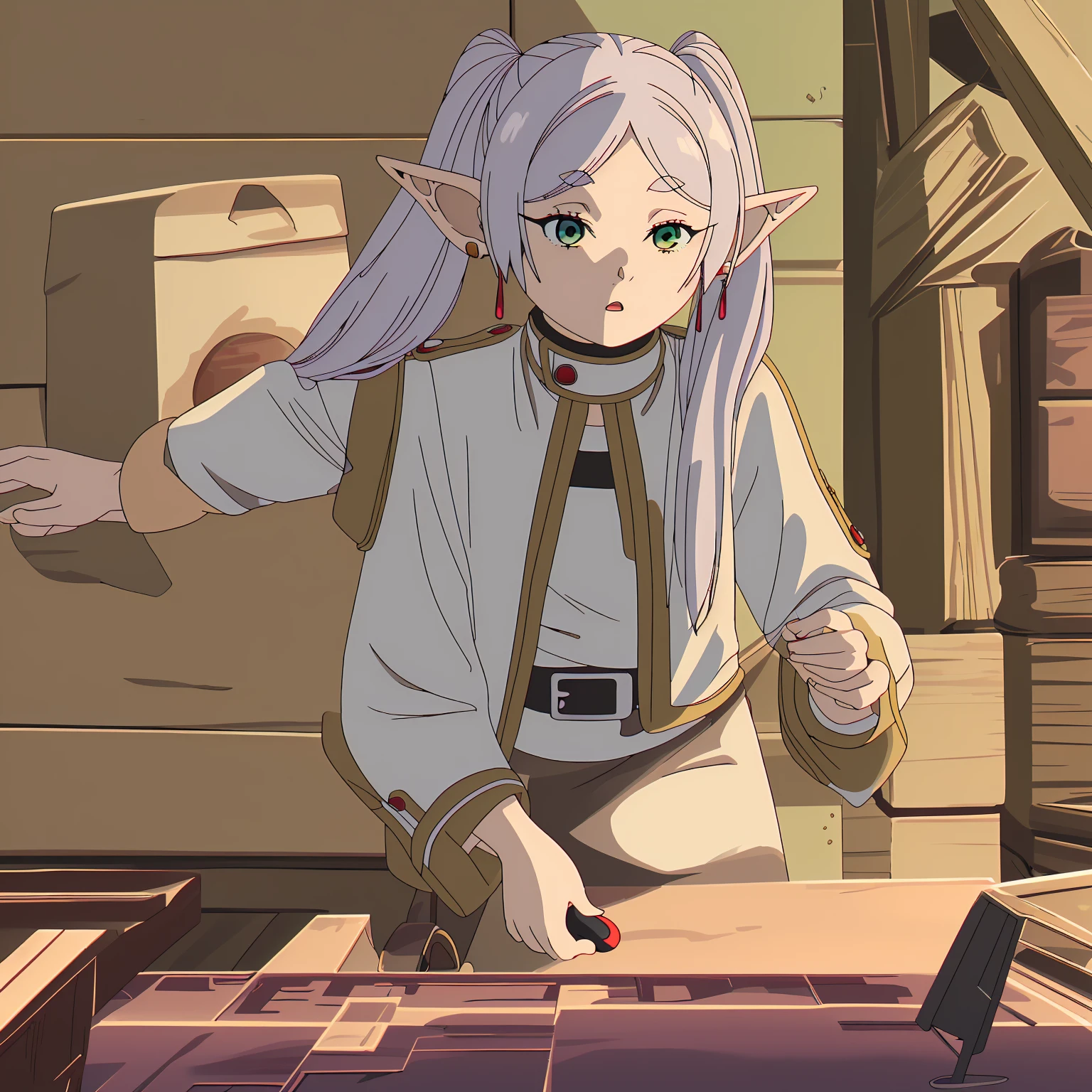 Frieren, pointy ears, twintails, green eyes, elf, long hair, white hair, thick eyebrows, parted bangs, (playing videogame:1.2)