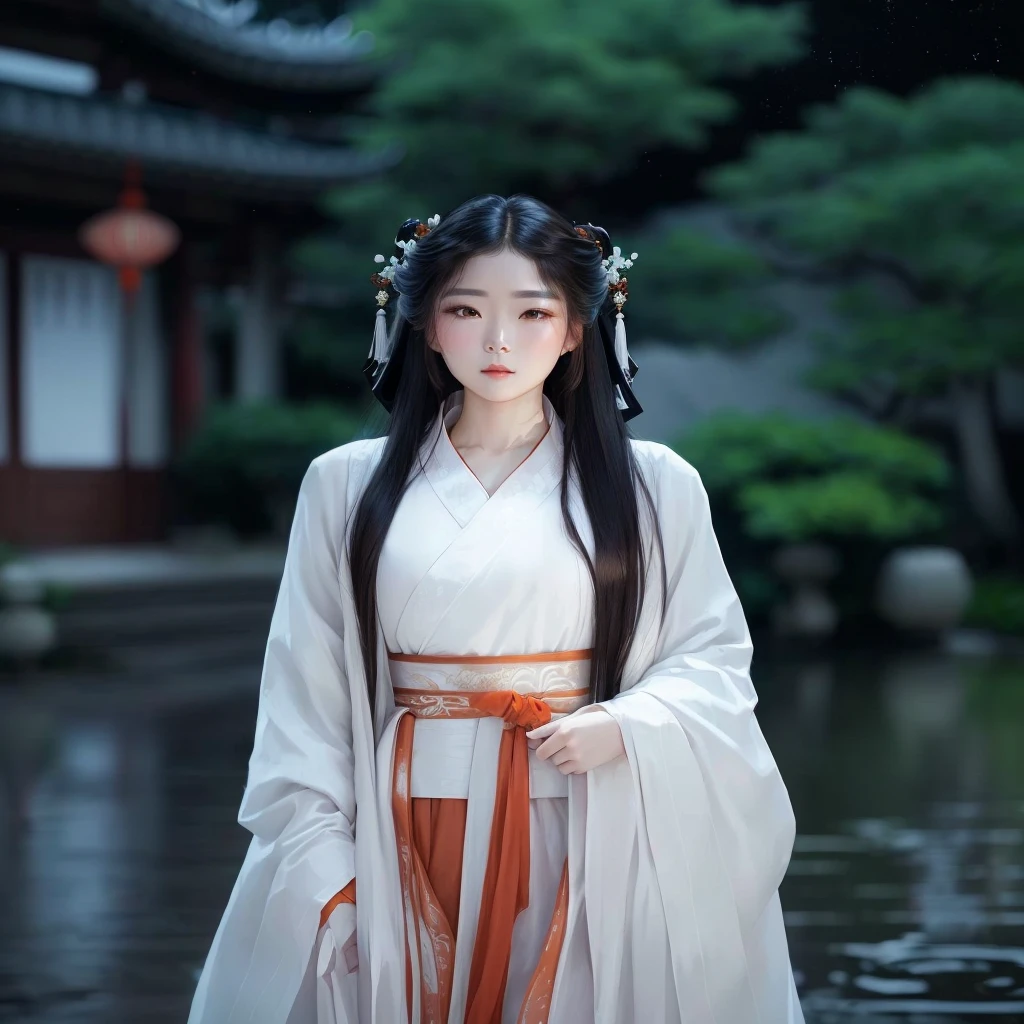 Close-up of woman in white and orange dress, White Hanfu, palace , Girl wearing Hanfu, Long flowing hair and robes, Hanfu, Wearing ancient Chinese clothes, White Ji haircut, Wearing Chinese clothing, Wearing long, flowing clothes, flowing white robe, Chinese traditional clothing, flowing white robe, Wearing a robe