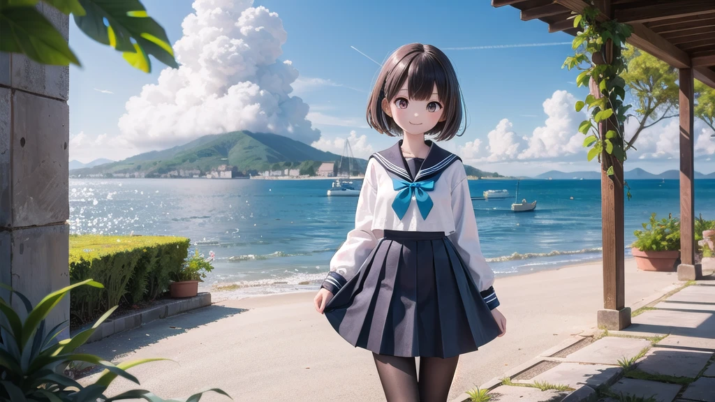 (masterpiece),  town,  blue sky,  Cumulonimbus, A girl in front（whole body）,  smile,  alone,  Sailor suit、Long skirt,  Overgrown,  petal,  plant、Skirt lining、Translucent slip、nostalgic、Black Pantyhose、Especially the sea view