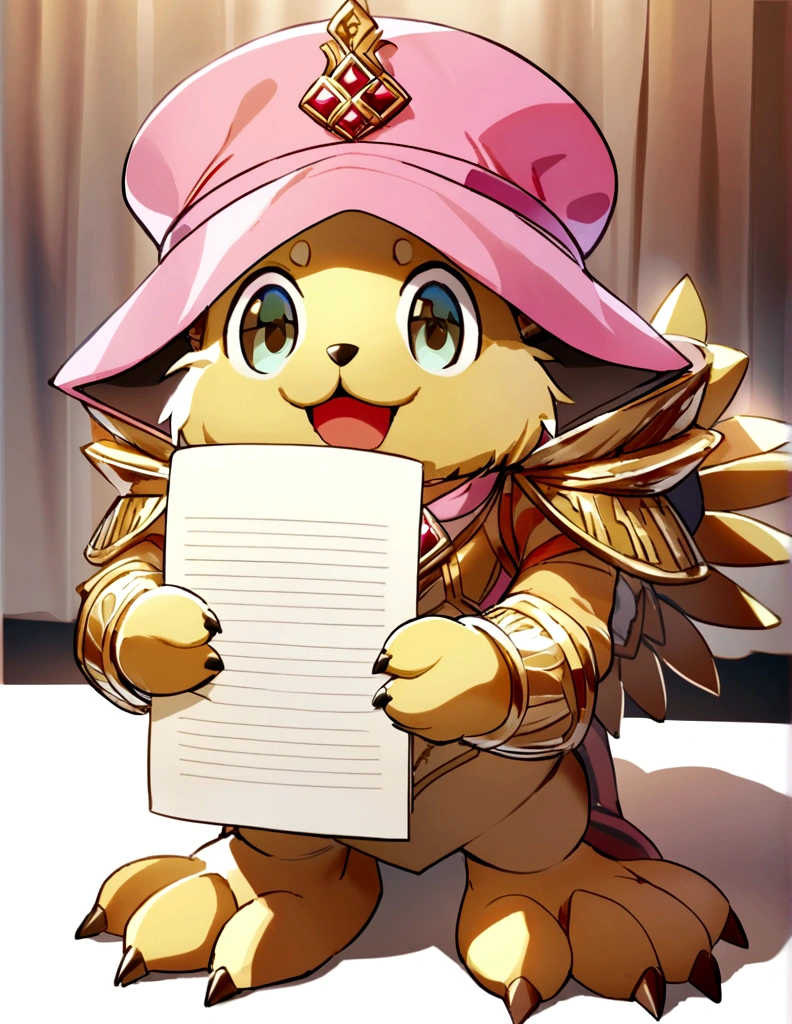 Make a Golddust Yorkshire holding a blank piece of paper in its front paws and wearing a pink hat