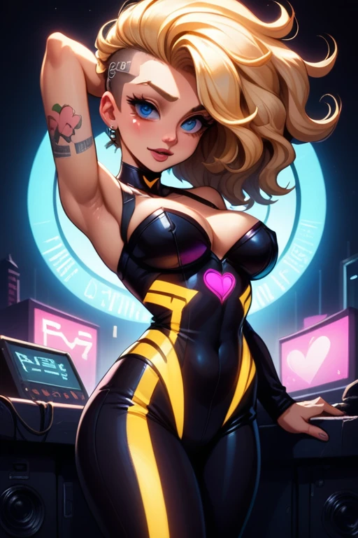 tall feminine woman(blue eyes; long wavy blonde hair; large breasts; pale skin tone; glowing LED love-heart tattoos), Disney-style, CGI, at a cyberpunk rave; wearing a tight black chamise, vinyl trousers, CFM boots, and eye-liner; futuristic; dystopian; cyberpunk; best quality; high definition; trending on artstation; complex volumetric lighting; pulsing neon strobe lights; 