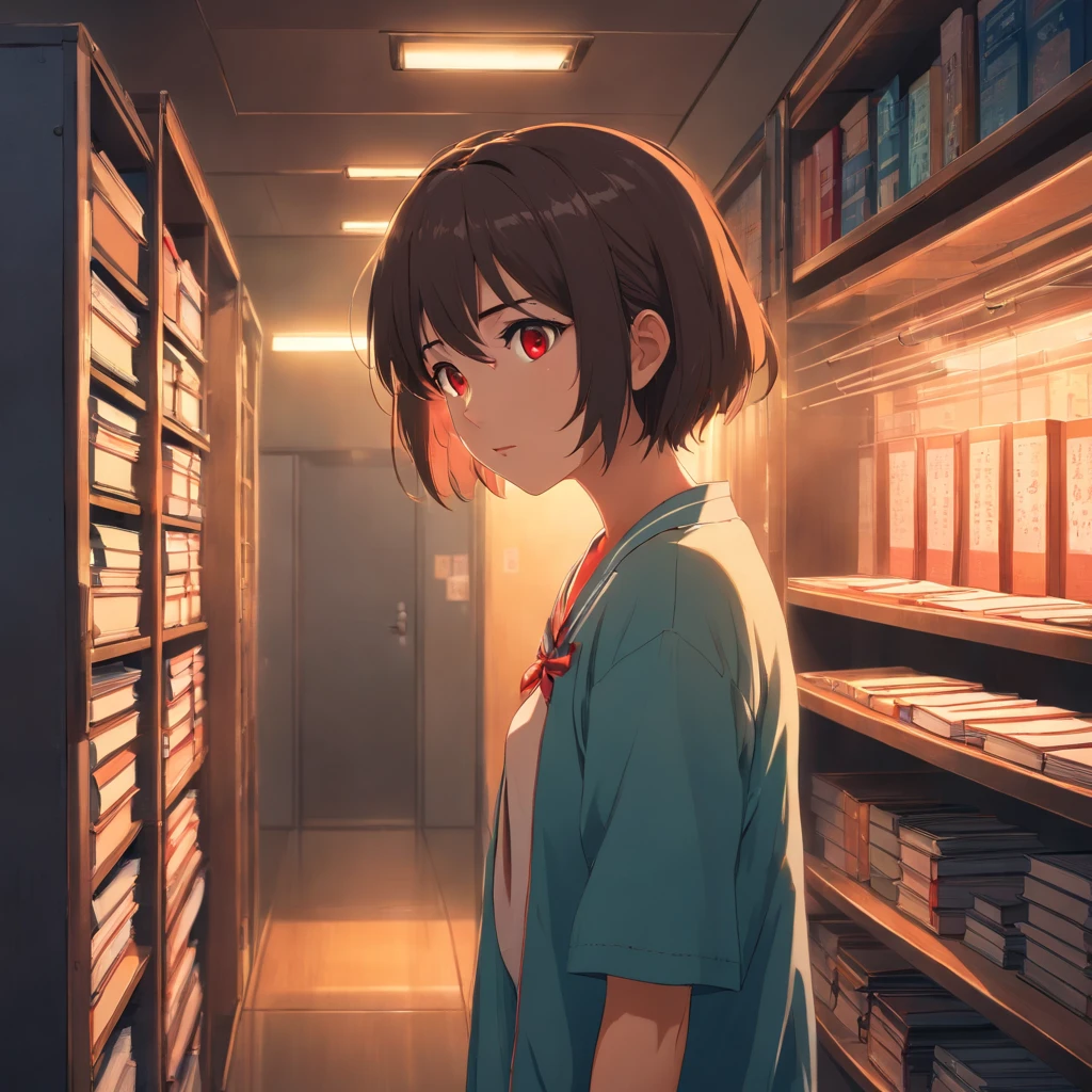 A chilling, dark scene from a Japanese mystery and horror anime, girl with twisted, grotesque face, glowing red eyes, dimly lit eerie hallway, open lockers, floating books, tense atmosphere, sense of unease and impending doom, anime, horror, sci-fi, detailed face, detailed eyes, extremely detailed face, extremely detailed eyes, detailed lighting, dark moody lighting, high contrast, cinematic composition, masterpiece, 8k, hyper realistic, photorealistic