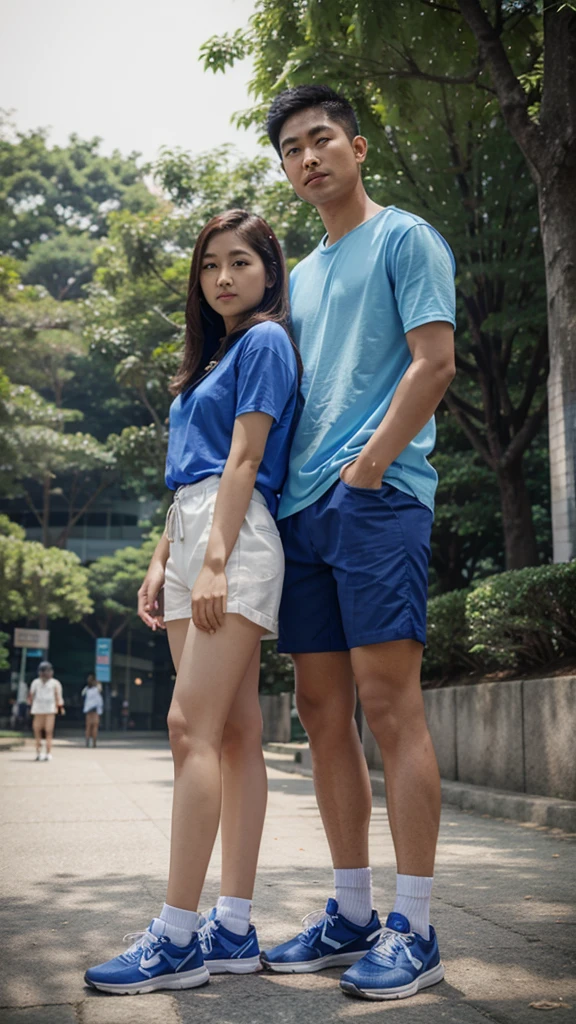 Realistic pilipino couple wearing a blue shirt and shorts standing in park of korea.