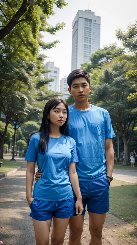 Realistic pilipino couple wearing a blue shirt and shorts standing in park of korea.