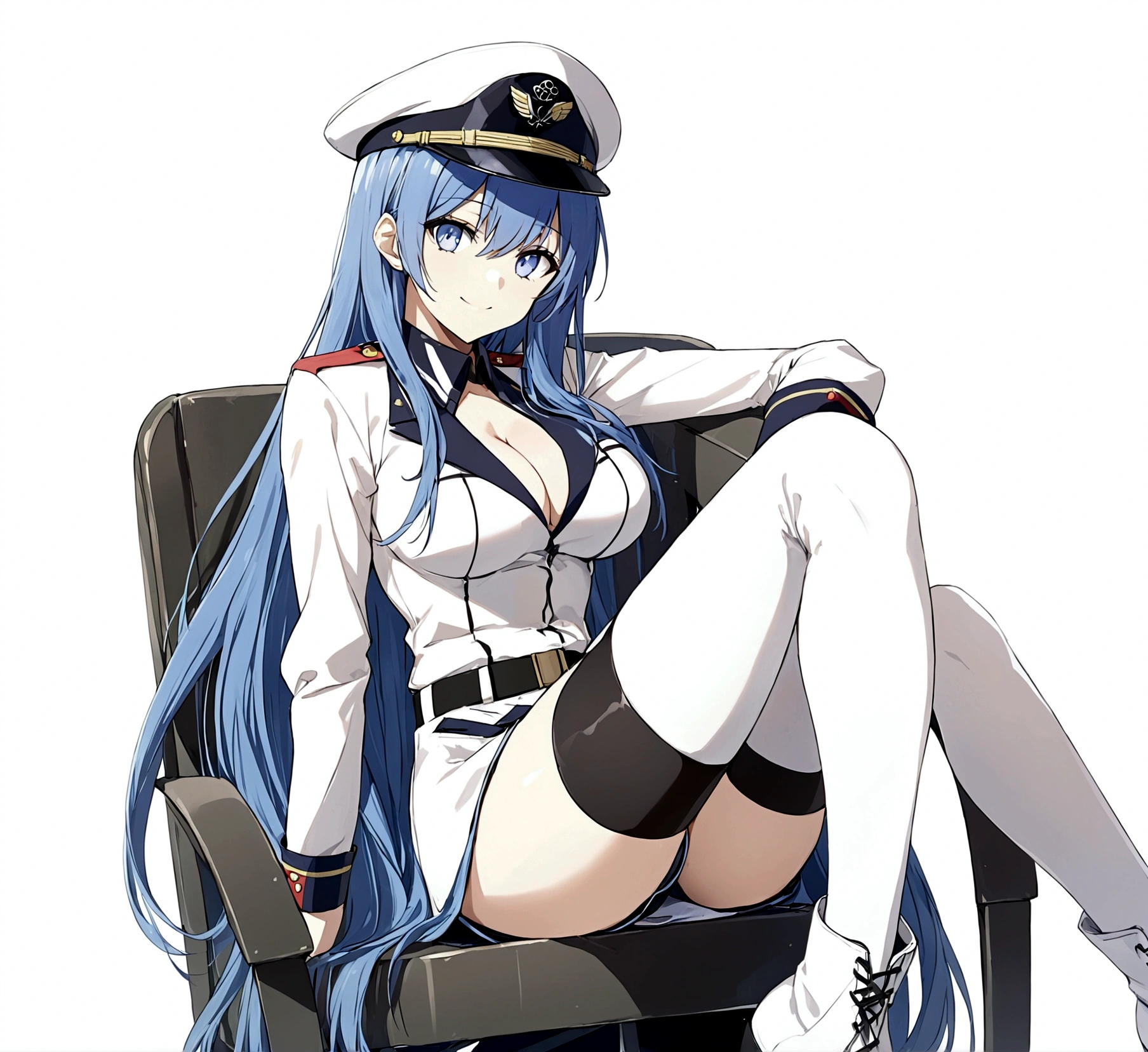 1girl, solo, long hair, breasts, looking at viewer, smile, blue eyes, large breasts, simple background, thighhighs, hat, white background, cleavage, medium breasts, sitting, very long hair, blue hair, boots, uniform, white thighhighs, military, military uniform, thigh boots, chair, white footwear, peaked cap